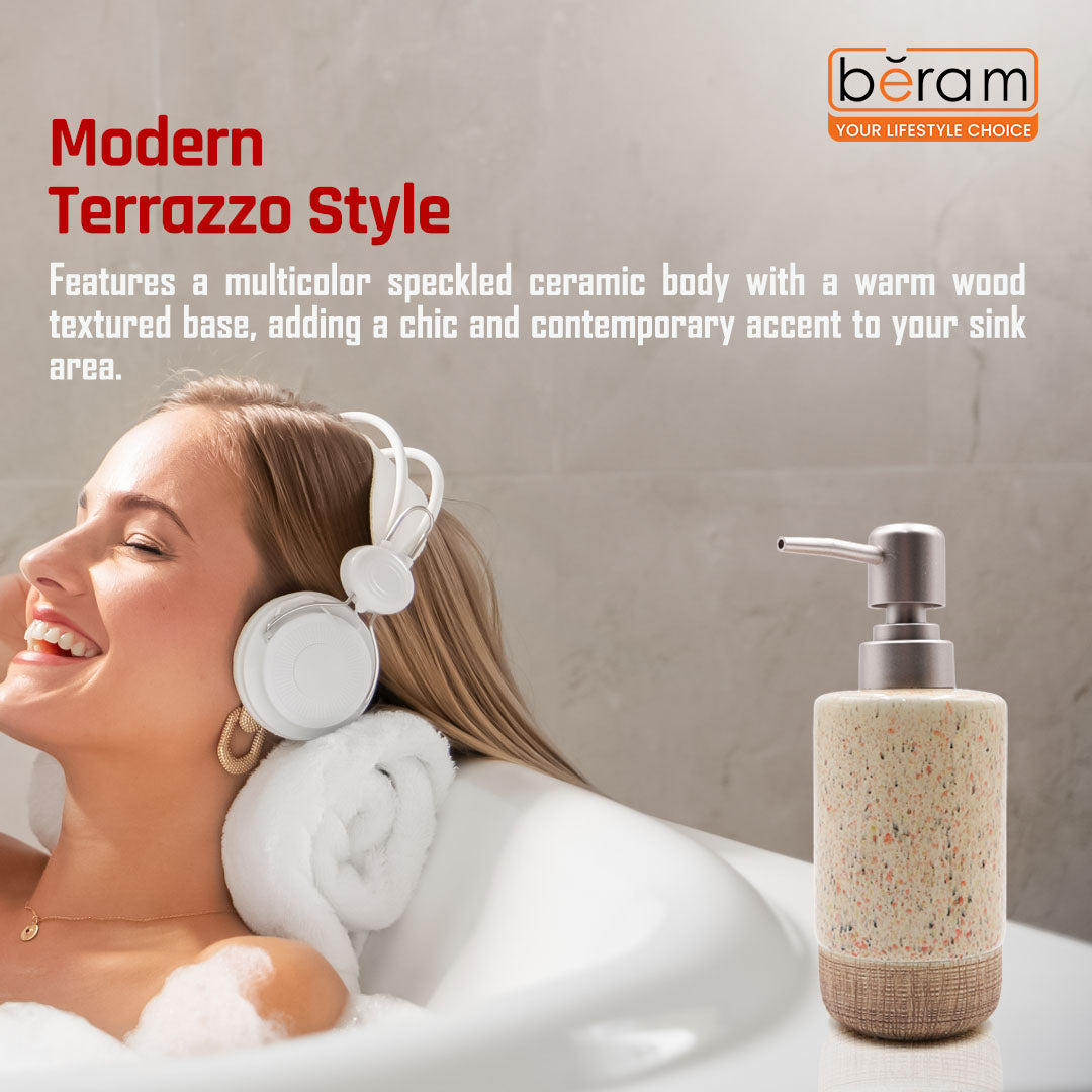 Beram 4pcs Multidots Brown Ceramic Bathroom Accessory Set Terrazzo Finish with Soap Dispenser Tumbler Toothbrush Holder and Soap Dish perfect for bathroom or kitchen countertop