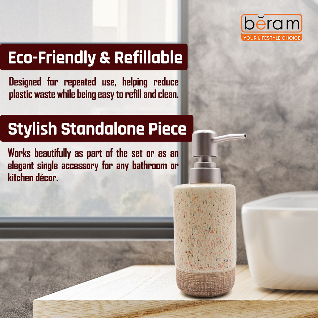 Beram 4pcs Multidots Brown Ceramic Bathroom Accessory Set Terrazzo Finish with Soap Dispenser Tumbler Toothbrush Holder and Soap Dish perfect for bathroom or kitchen countertop