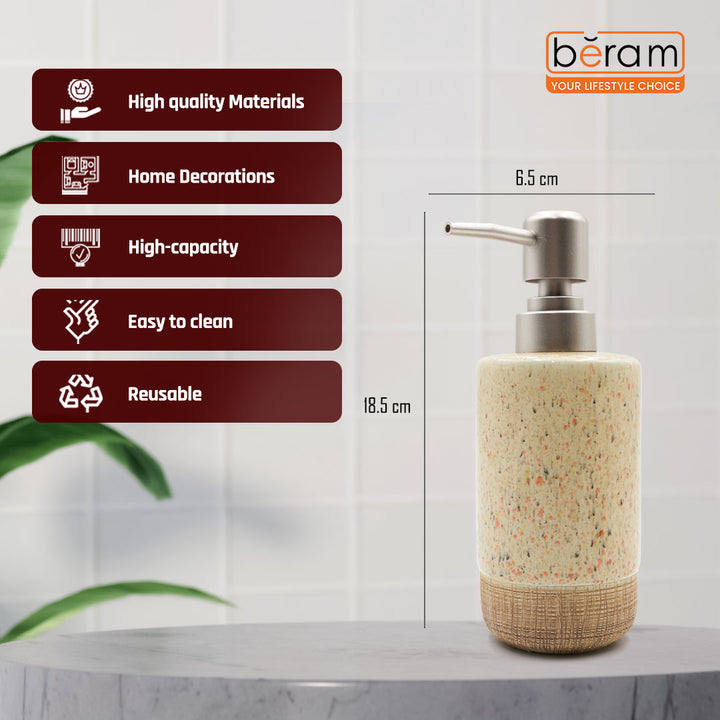 Beram 4pcs Multidots Brown Ceramic Bathroom Accessory Set Terrazzo Finish with Soap Dispenser Tumbler Toothbrush Holder and Soap Dish perfect for bathroom or kitchen countertop