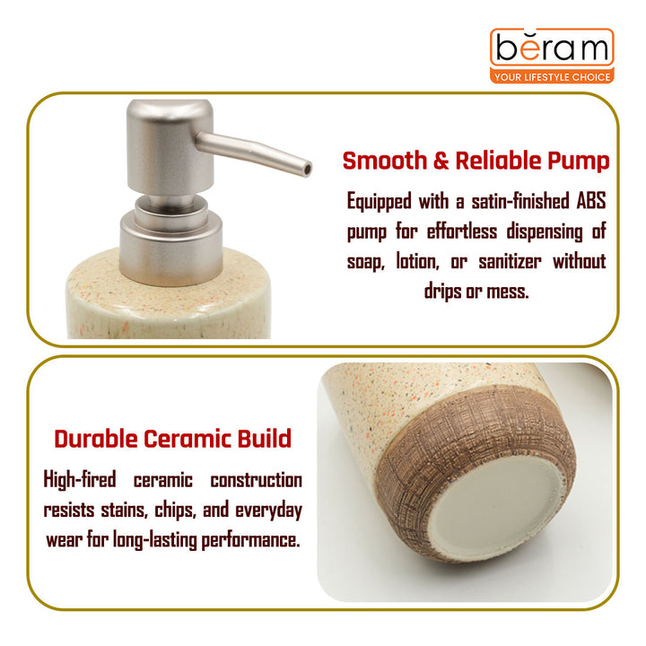 Beram 4pcs Multidots Brown Ceramic Bathroom Accessory Set Terrazzo Finish with Soap Dispenser Tumbler Toothbrush Holder and Soap Dish perfect for bathroom or kitchen countertop