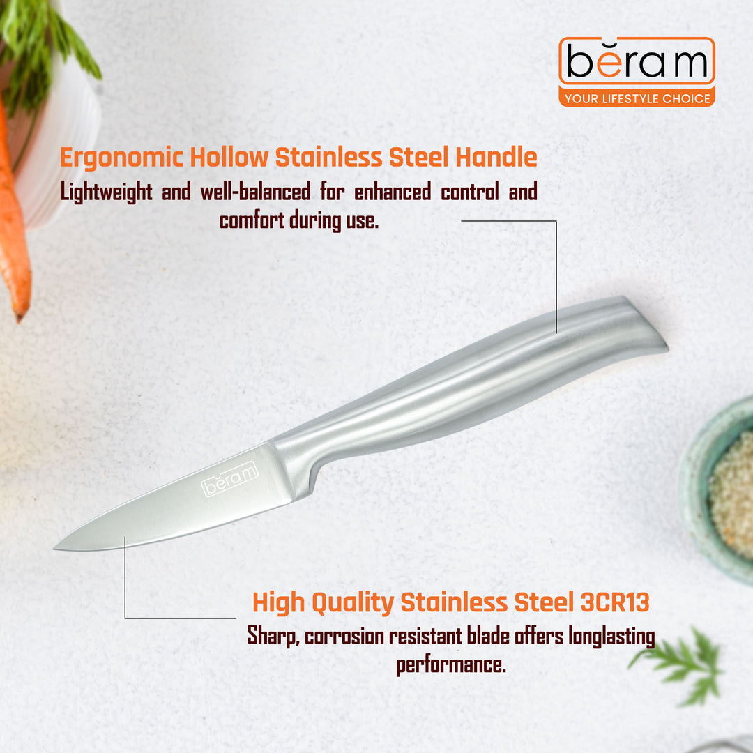 BERAM 3.5 Inch Proffessional Paring Knife 3CR13 Stainless Steel Blade Multi-Purpose Sharp Knife for Precision Cutting Chopping Garnishing Compact Durable for Everyday Kitchen Tasks SS hollow handle