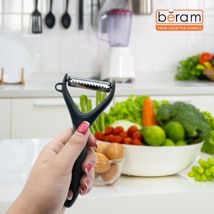 Beram Julienne Vegetable Peeler with Stainless Steel Blade Ergonomic Non-Slip Handle BPA-Free & Dishwasher Safe Carrot, Zucchini Potato Cucumber Cutter & Slicer for Salads Stir Fry & Garnishing (Black)