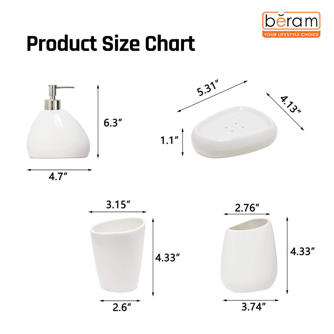 BERAM Bathroom Accessory Set 4pcs Ceramic Plain Pear look Countertop Set with Elegant Glossy Decor Accessories with Liquid Dispenser, 2Bathroom Tumblers & Soap Dish (WHITE) (4 Pcs Set)