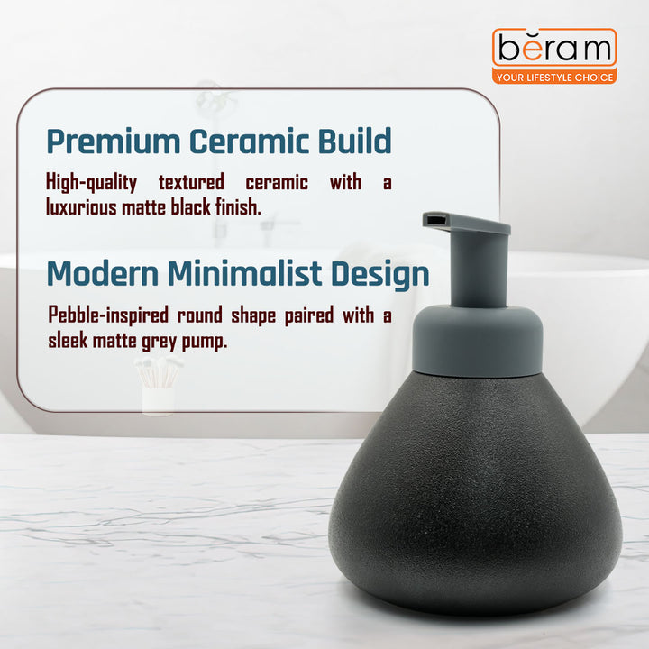 Beram Pear-Shaped Soap Dispenser Bathroom Accessory 380ml Matte Ceramic Lotion Pump Bottle Elegant Countertop Accessory for Hand Soap Sanitizer or Shampoo (Plain Pear Black)