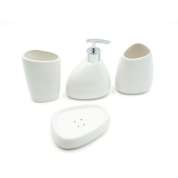 BERAM Bathroom Accessory Set 4pcs Ceramic Plain Pear look Countertop Set with Elegant Glossy Decor Accessories with Liquid Dispenser, 2Bathroom Tumblers & Soap Dish (WHITE) (4 Pcs Set)