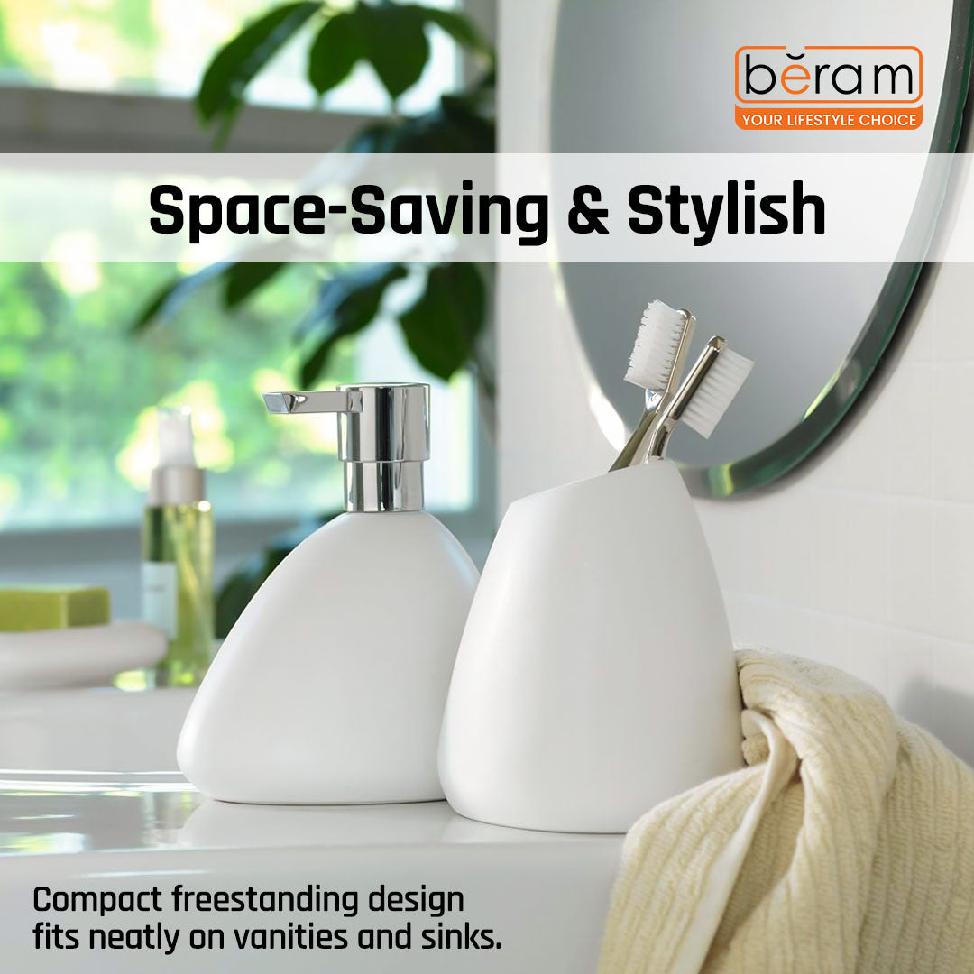 BERAM Bathroom Accessory Set 4pcs Ceramic Plain Pear look Countertop Set with Elegant Glossy Decor Accessories with Liquid Dispenser, 2Bathroom Tumblers & Soap Dish (WHITE) (4 Pcs Set)