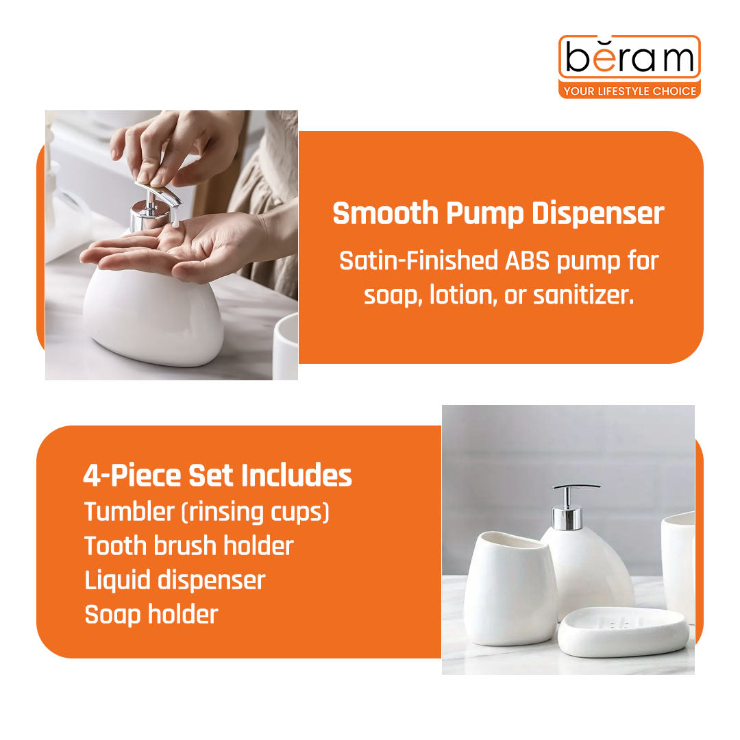 BERAM Bathroom Accessory Set 4pcs Ceramic Plain Pear look Countertop Set with Elegant Glossy Decor Accessories with Liquid Dispenser, 2Bathroom Tumblers & Soap Dish (WHITE) (4 Pcs Set)