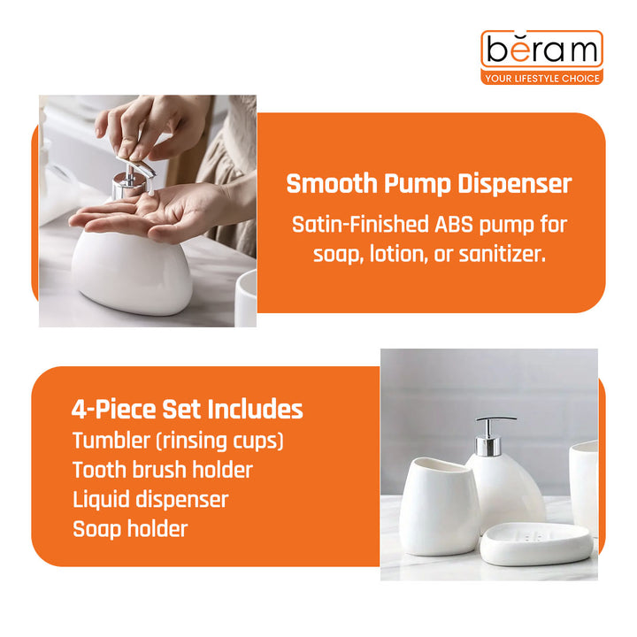 BERAM Bathroom Accessory Set 4pcs Ceramic Plain Pear look Countertop Set with Elegant Glossy Decor Accessories with Liquid Dispenser, 2Bathroom Tumblers & Soap Dish (WHITE) (4 Pcs Set)