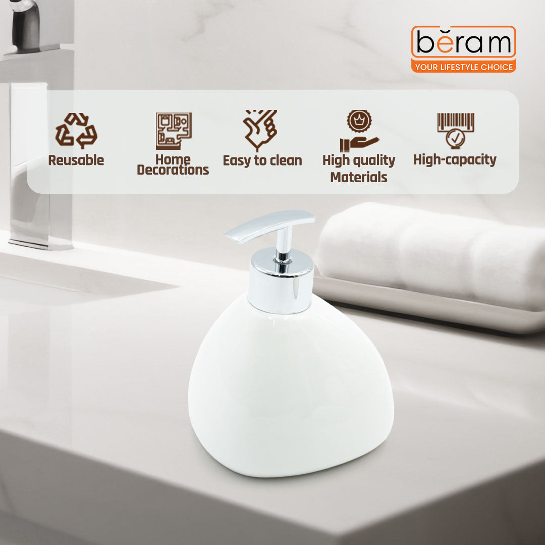 Beram 340ml Pear-Shaped Soap Dispenser Bathroom Accessory Glossy Ceramic Lotion Pump Bottle Elegant Countertop for Hand Soap Sanitizer or Shampoo Reusable Ceramic Dispenser (Plain Pear White)