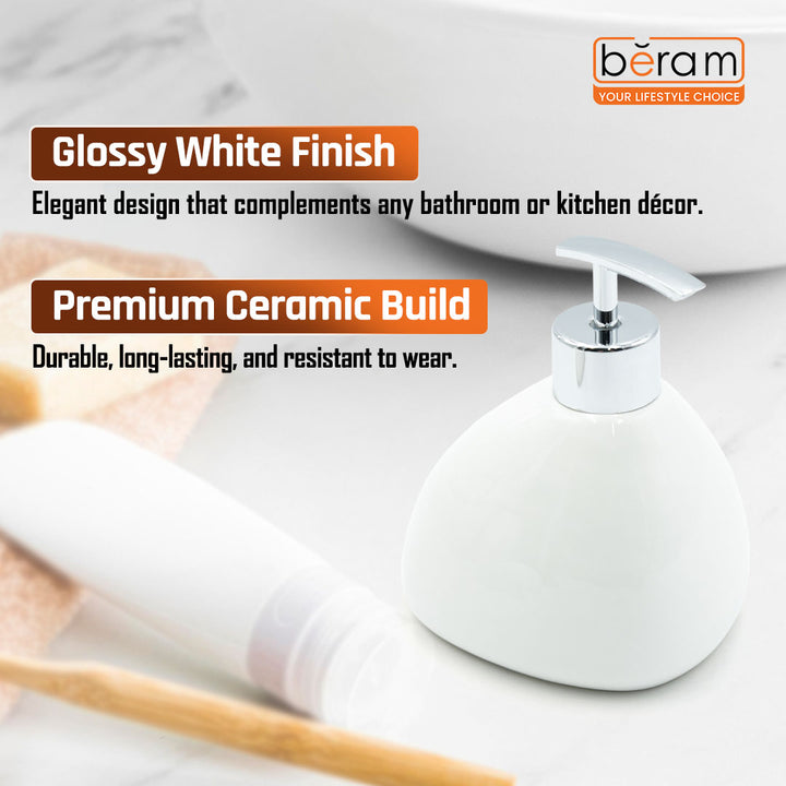Beram 340ml Pear-Shaped Soap Dispenser Bathroom Accessory Glossy Ceramic Lotion Pump Bottle Elegant Countertop for Hand Soap Sanitizer or Shampoo Reusable Ceramic Dispenser (Plain Pear White)