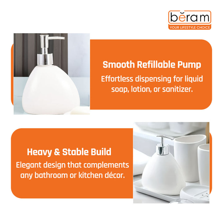 Beram 340ml Pear-Shaped Soap Dispenser Bathroom Accessory Glossy Ceramic Lotion Pump Bottle Elegant Countertop for Hand Soap Sanitizer or Shampoo Reusable Ceramic Dispenser (Plain Pear White)