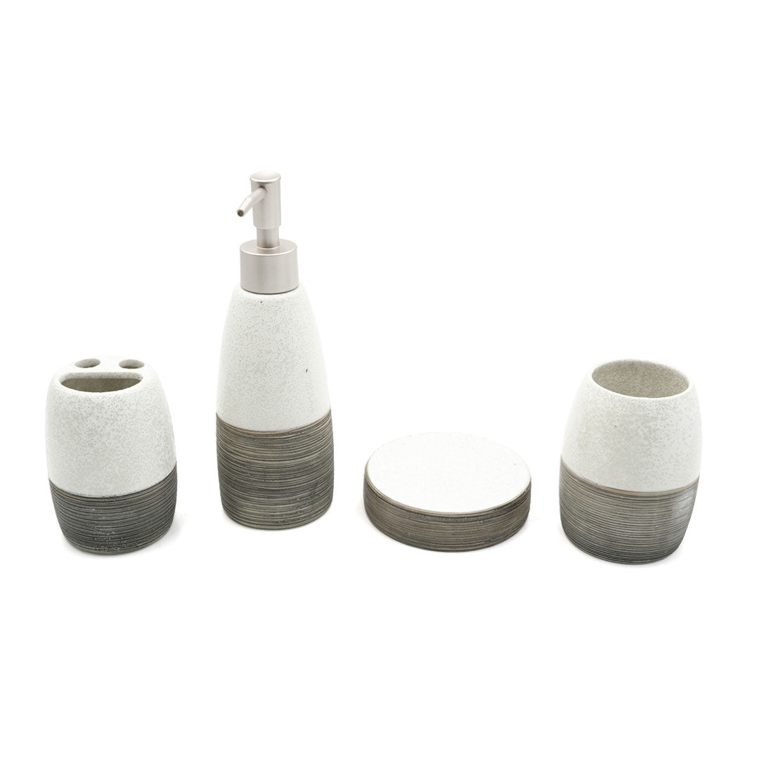 Beram Dispenser Plain Stripes 4 Piece Ceramic Bathroom Accessory Set Rustic Matte Finish with Soap Dispenser Tumbler Toothbrush Holder & Soap Dish Handmade (White and Black) (4PCS Set)
