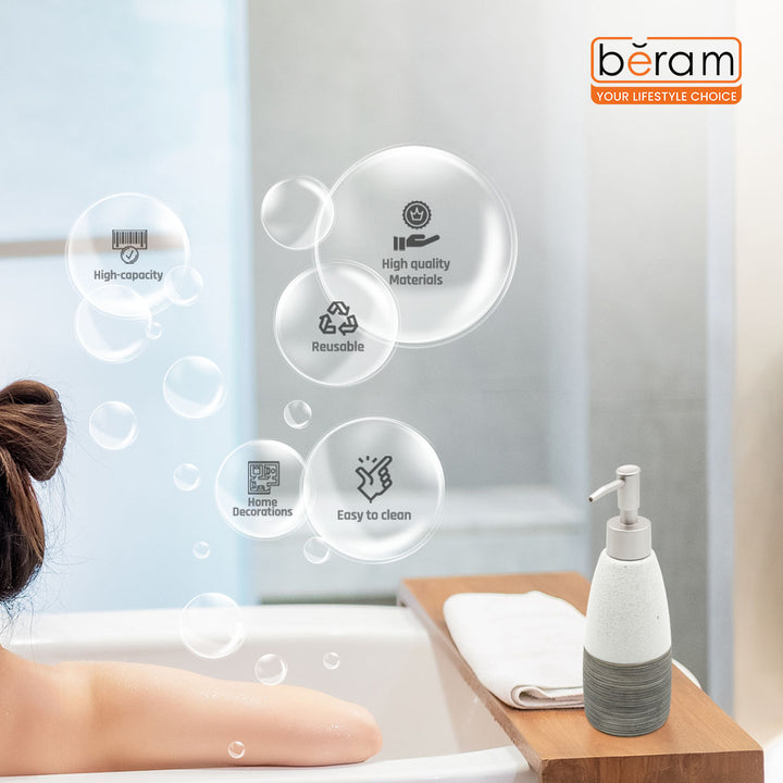 Beram Dispenser Plain Stripes 4 Piece Ceramic Bathroom Accessory Set Rustic Matte Finish with Soap Dispenser Tumbler Toothbrush Holder & Soap Dish Handmade (White and Black) (4PCS Set)