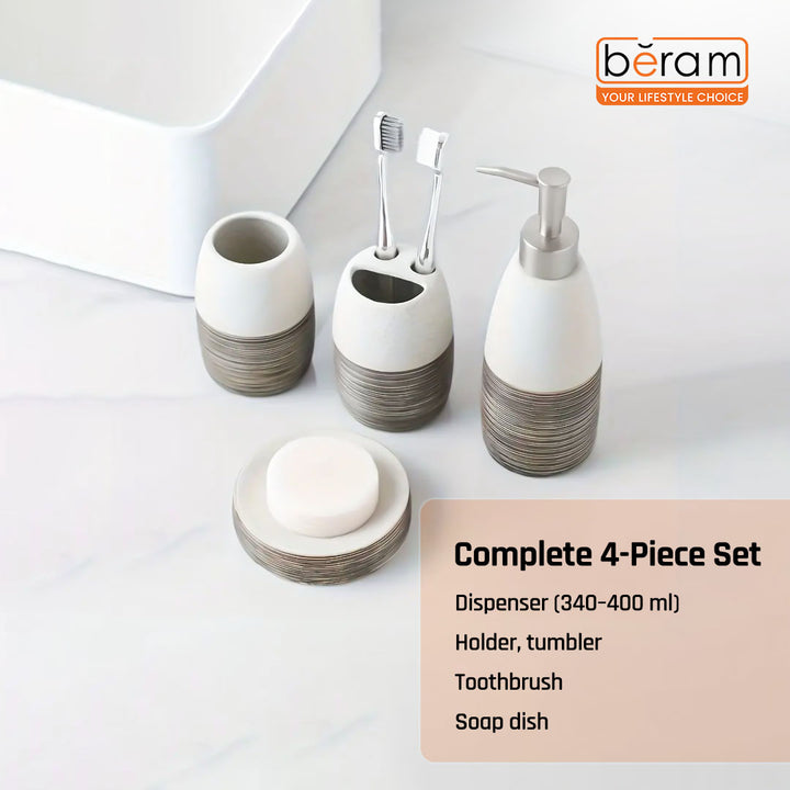 Beram Dispenser Plain Stripes 4 Piece Ceramic Bathroom Accessory Set Rustic Matte Finish with Soap Dispenser Tumbler Toothbrush Holder & Soap Dish Handmade (White and Black) (4PCS Set)