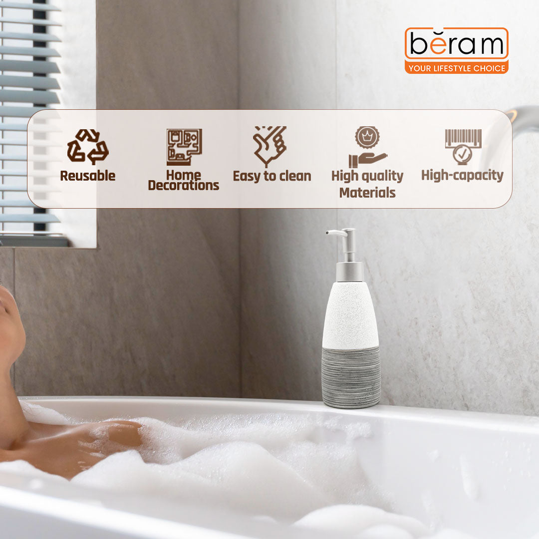 Beram Dispenser Plain Stripes 4 Piece Ceramic Bathroom Accessory Set Rustic Matte Finish with Soap Dispenser Tumbler Toothbrush Holder & Soap Dish Handmade (White and Black) (4PCS Set)