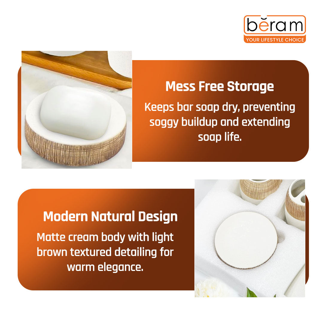 Beram 4PCS Ceramic Bathroom Accessory Set, White &  Brown Textured Set with Lotion Dispenser, Toothbrush Holder, Tumbler, and Soap Dish, Modern Bathroom Countertop Organizer (4PCS Set)