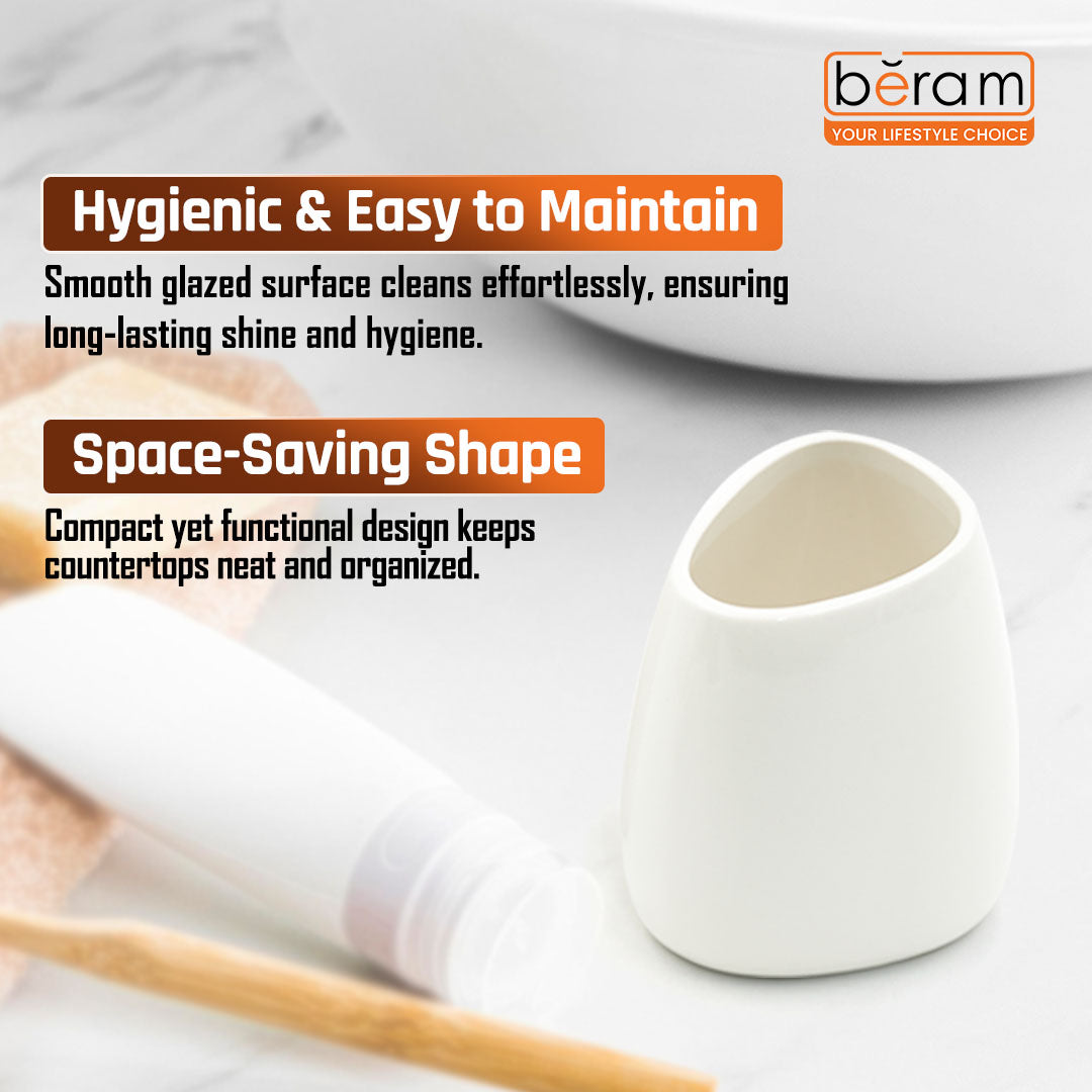 BERAM Bathroom Accessory Set 4pcs Ceramic Plain Pear look Countertop Set with Elegant Glossy Decor Accessories with Liquid Dispenser, 2Bathroom Tumblers & Soap Dish (WHITE) (4 Pcs Set)