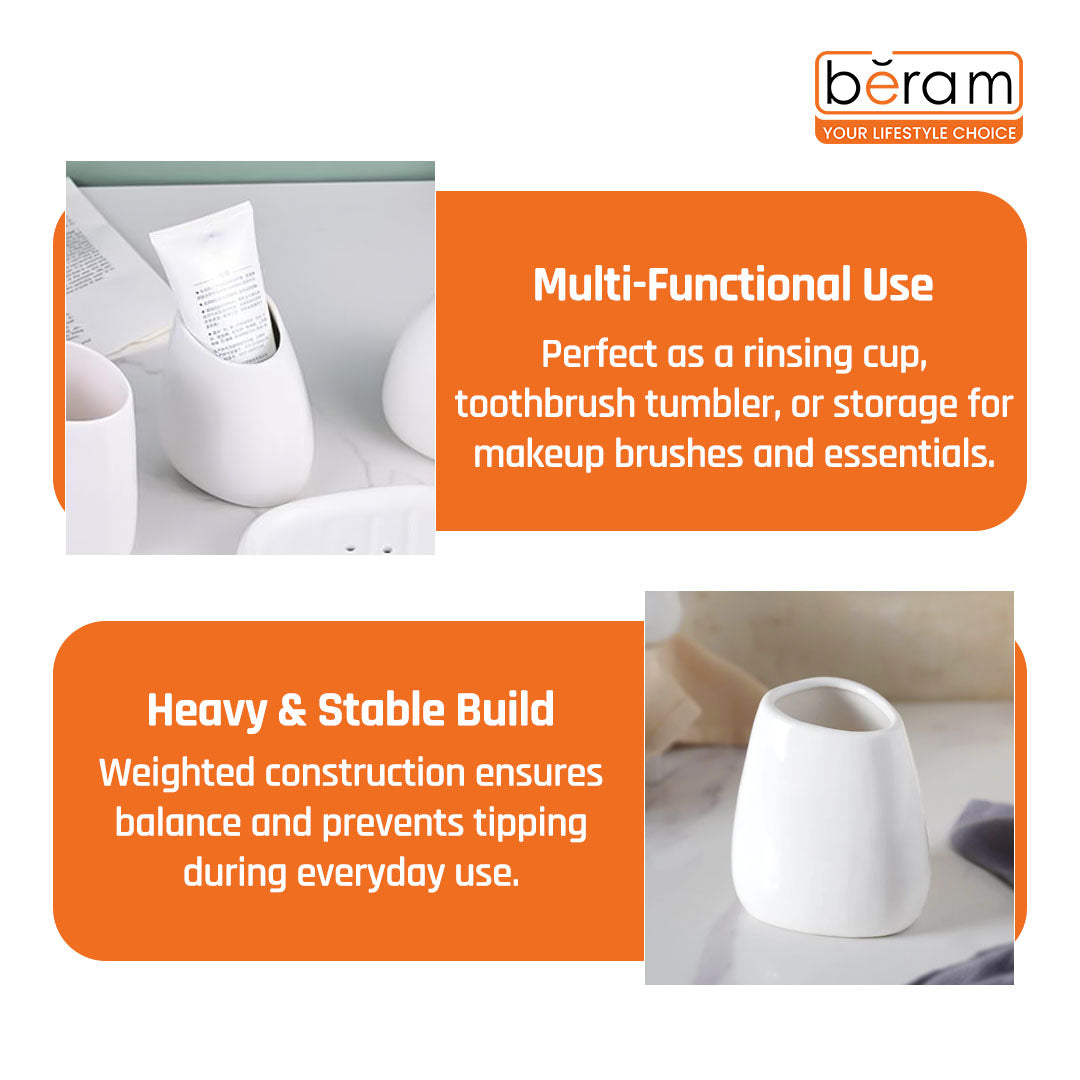 BERAM Bathroom Accessory Set 4pcs Ceramic Plain Pear look Countertop Set with Elegant Glossy Decor Accessories with Liquid Dispenser, 2Bathroom Tumblers & Soap Dish (WHITE) (4 Pcs Set)