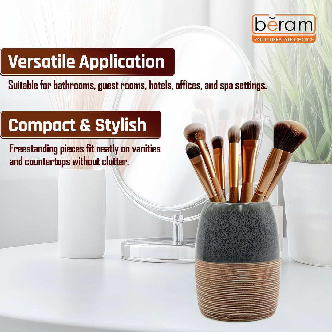 Beram Dispenser Plain Stripes 4 Piece Ceramic Bathroom Accessory Set Rustic Matte Finish with Soap Dispenser Tumbler Toothbrush Holder & Soap Dish Handmade (Blue and Brown) (4PCS Set)