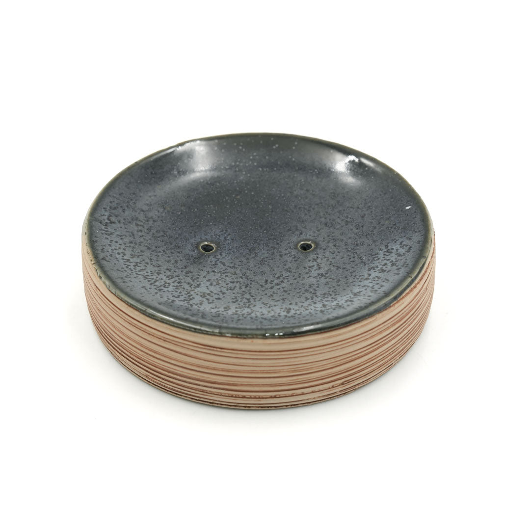 Beram Dispenser Plain Stripes 4 Piece Ceramic Bathroom Accessory Set Rustic Matte Finish with Soap Dispenser Tumbler Toothbrush Holder & Soap Dish Handmade (Blue and Brown) (4PCS Set)