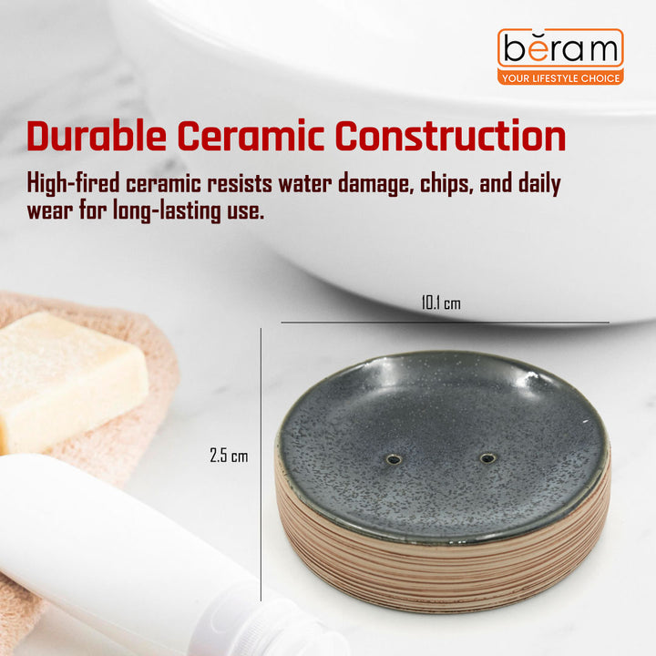 Beram Dispenser Plain Stripes 4 Piece Ceramic Bathroom Accessory Set Rustic Matte Finish with Soap Dispenser Tumbler Toothbrush Holder & Soap Dish Handmade (Blue and Brown) (4PCS Set)