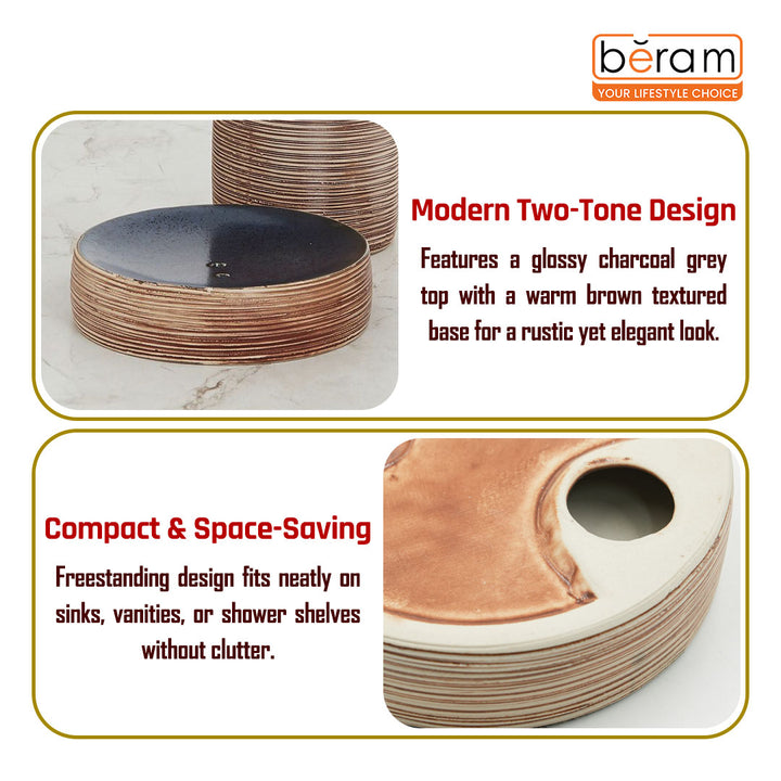 Beram Dispenser Plain Stripes 4 Piece Ceramic Bathroom Accessory Set Rustic Matte Finish with Soap Dispenser Tumbler Toothbrush Holder & Soap Dish Handmade (Blue and Brown) (4PCS Set)