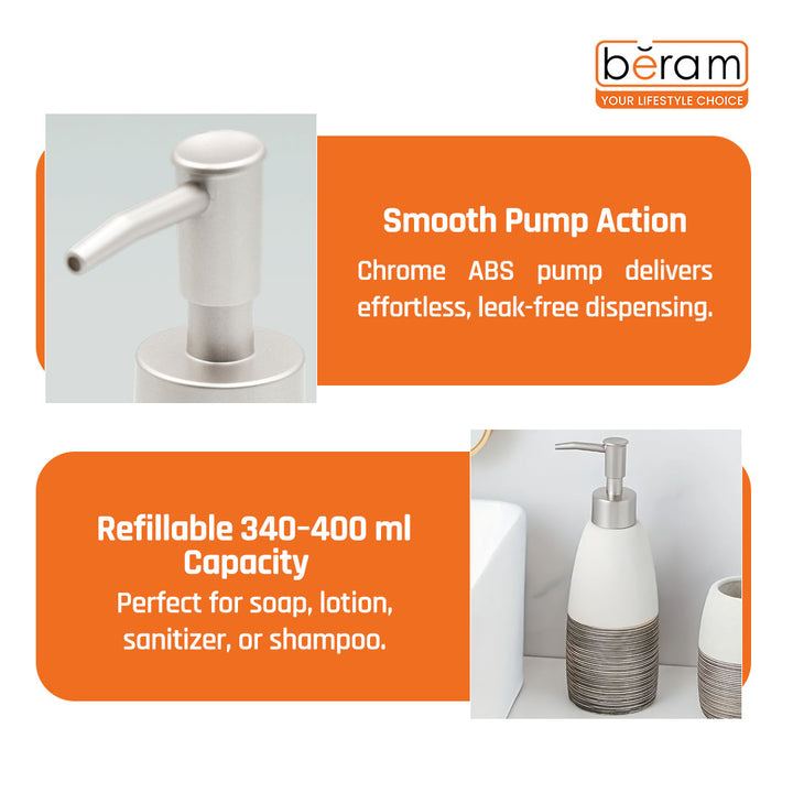 Beram Dispenser Plain Stripes 4 Piece Ceramic Bathroom Accessory Set Rustic Matte Finish with Soap Dispenser Tumbler Toothbrush Holder & Soap Dish Handmade (White and Black) (4PCS Set)