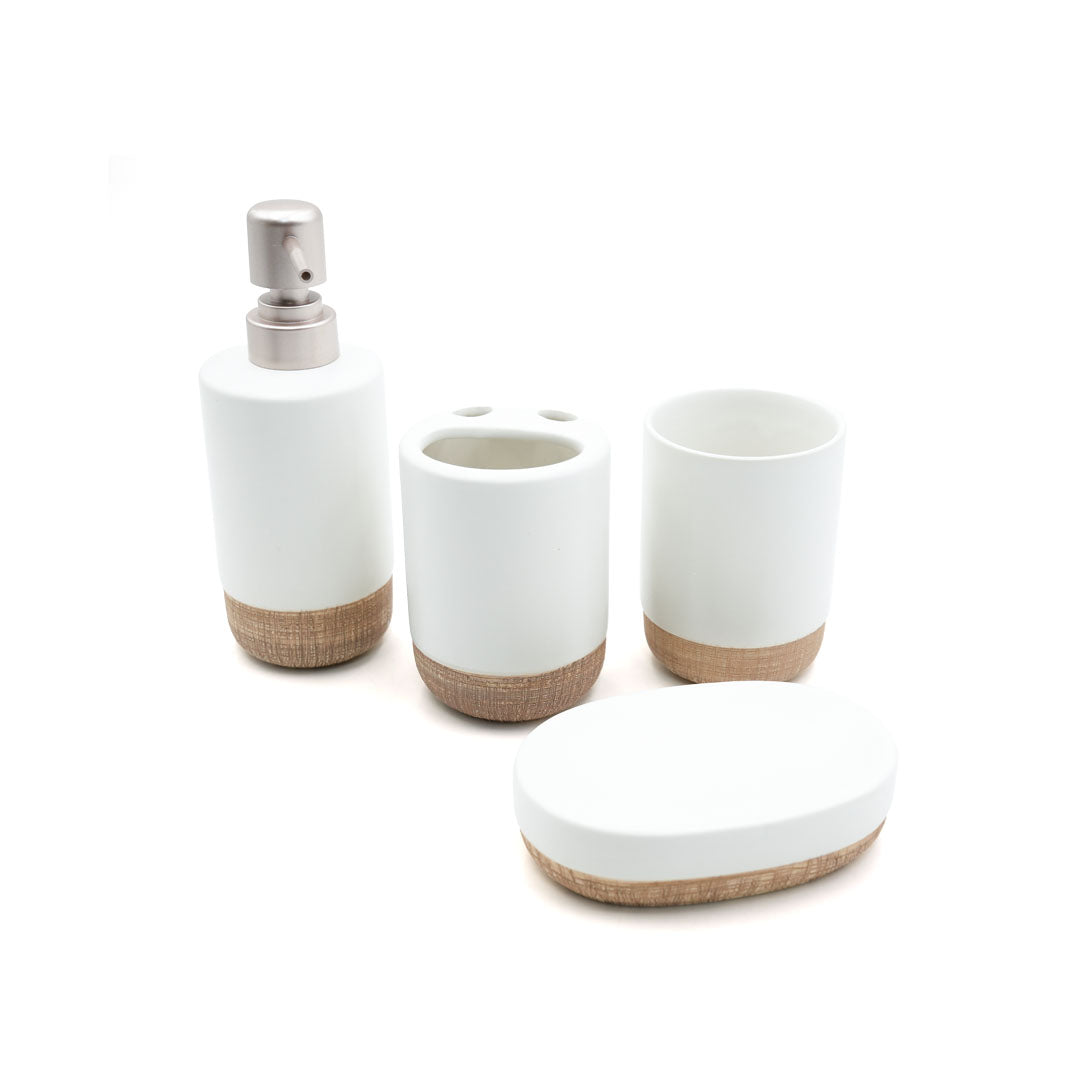 Beram Dispenser Plain Stripes 4 Piece Ceramic Bathroom & Kitchen Accessory Set Rustic Matte Finish with Soap Dispenser Tumbler Toothbrush Holder & Soap Dish Handmade (White and Brown) (4PCS Set)