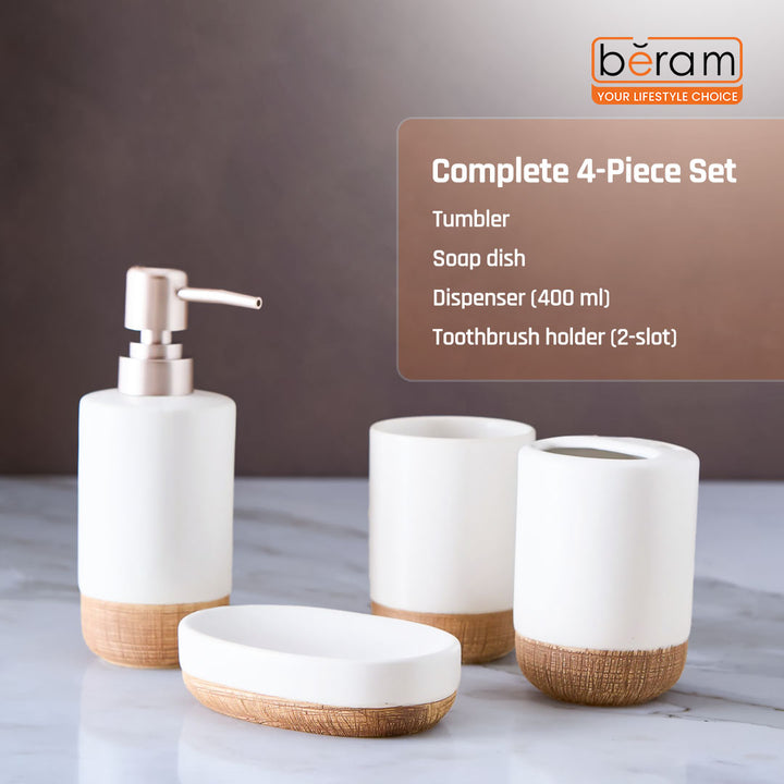 Beram Dispenser Plain Stripes 4 Piece Ceramic Bathroom & Kitchen Accessory Set Rustic Matte Finish with Soap Dispenser Tumbler Toothbrush Holder & Soap Dish Handmade (White and Brown) (4PCS Set)
