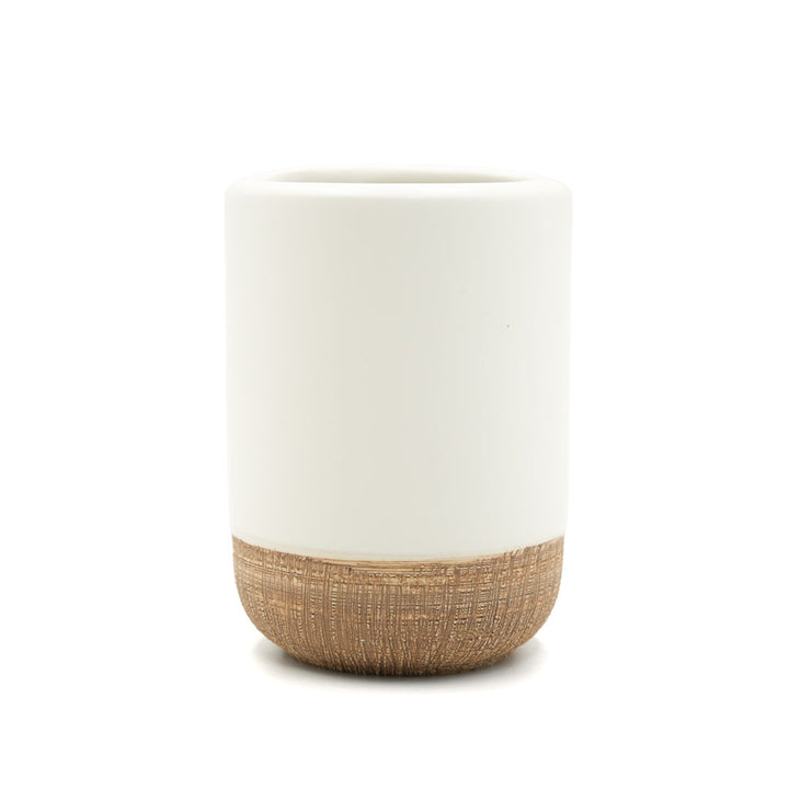 Beram Dispenser Plain Stripes 4 Piece Ceramic Bathroom & Kitchen Accessory Set Rustic Matte Finish with Soap Dispenser Tumbler Toothbrush Holder & Soap Dish Handmade (White and Brown) (4PCS Set)