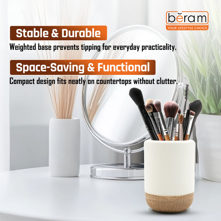 Beram Dispenser Plain Stripes 4 Piece Ceramic Bathroom & Kitchen Accessory Set Rustic Matte Finish with Soap Dispenser Tumbler Toothbrush Holder & Soap Dish Handmade (White and Brown) (4PCS Set)
