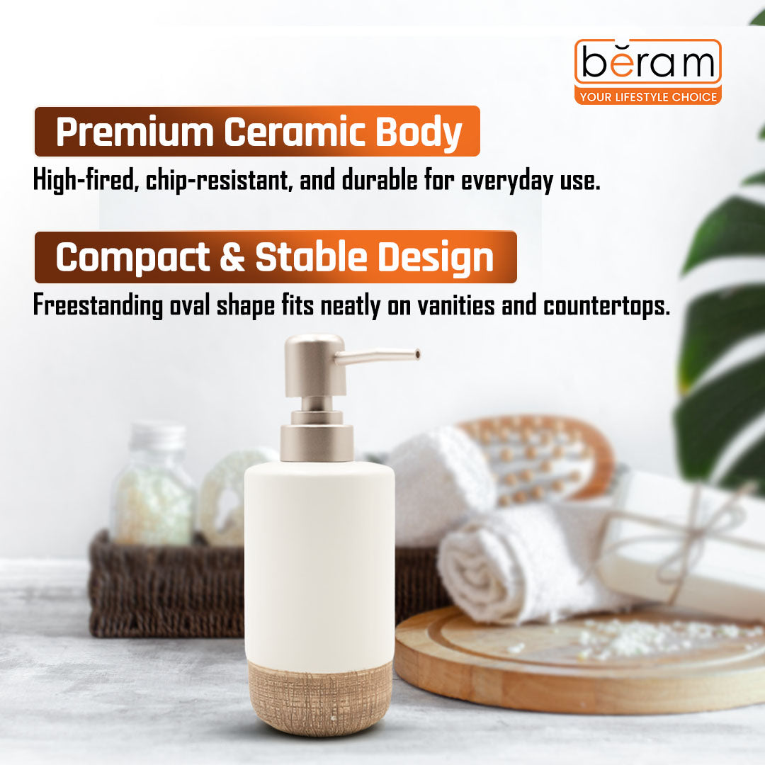 Beram Dispenser Plain Stripes 4 Piece Ceramic Bathroom & Kitchen Accessory Set Rustic Matte Finish with Soap Dispenser Tumbler Toothbrush Holder & Soap Dish Handmade (White and Brown) (4PCS Set)