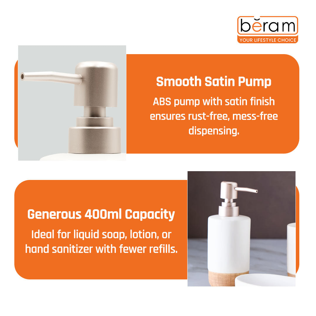 Beram Dispenser Plain Stripes 4 Piece Ceramic Bathroom & Kitchen Accessory Set Rustic Matte Finish with Soap Dispenser Tumbler Toothbrush Holder & Soap Dish Handmade (White and Brown) (4PCS Set)