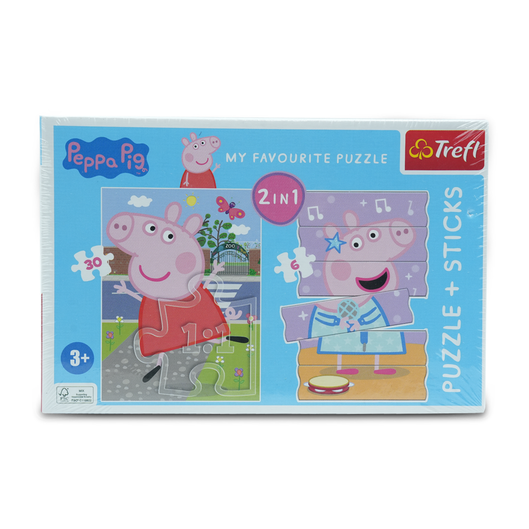 Trefl Peppa Pig 2-in-1 Puzzle + Sticks Set – Fun and Educational 30-Piece Jigsaw Puzzle with 6 Wooden Sticks for Kids 3+, Enhances Cognitive Skills, Hand-Eye Coordination, and Creativity