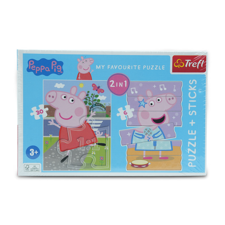 Trefl Peppa Pig 2-in-1 Puzzle + Sticks Set – Fun and Educational 30-Piece Jigsaw Puzzle with 6 Wooden Sticks for Kids 3+, Enhances Cognitive Skills, Hand-Eye Coordination, and Creativity