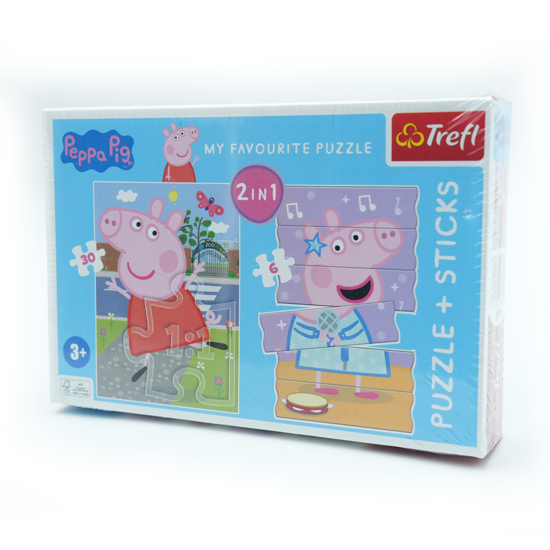 Trefl Peppa Pig 2-in-1 Puzzle + Sticks Set – Fun and Educational 30-Piece Jigsaw Puzzle with 6 Wooden Sticks for Kids 3+, Enhances Cognitive Skills, Hand-Eye Coordination, and Creativity