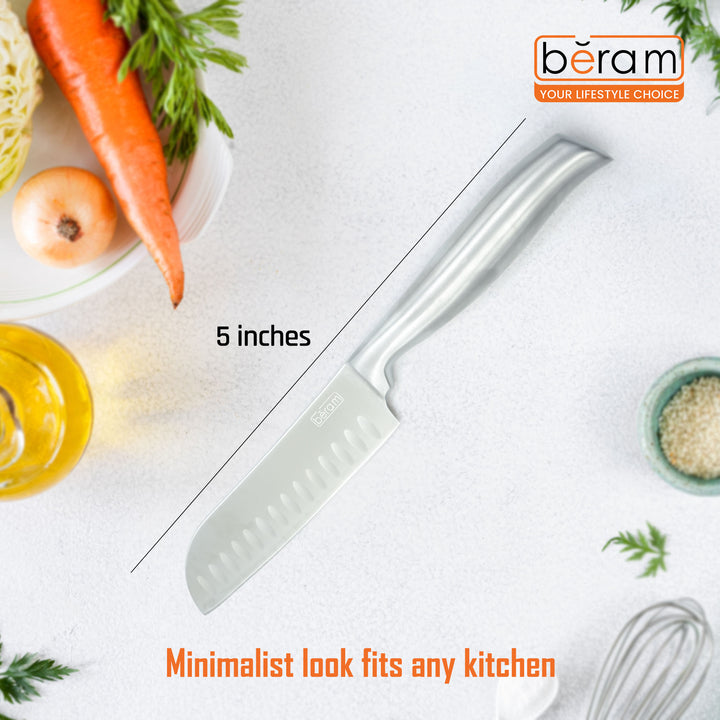 BERAM 5 Inch Santoku Knife with SS430 Hollow  Handle 3CR13 Stainless Steel Blade Garnishing Knives Daily Use Sharp Edge Multipurpose Cooking Knife for Chopping Slicing Mincing