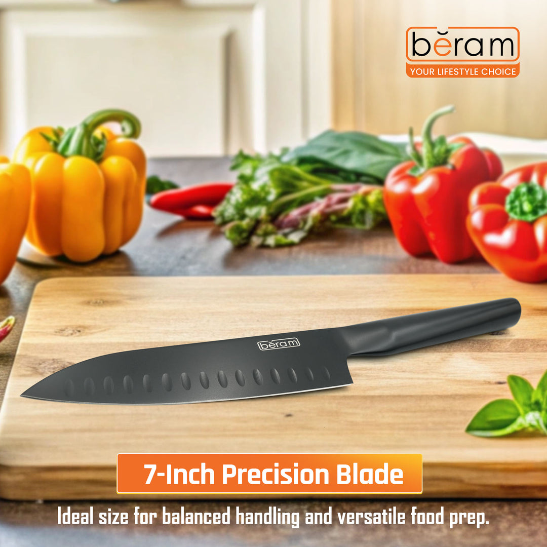BERAM 7 Inch  Santoku Knife Black Oxide Coated Blade 3CR13 Stainless Steel with SS430 handle Non Stick Scratch Resistant Durable Modern Knife Chopping Slicing Mincing Easy to Clean Cooking Tool