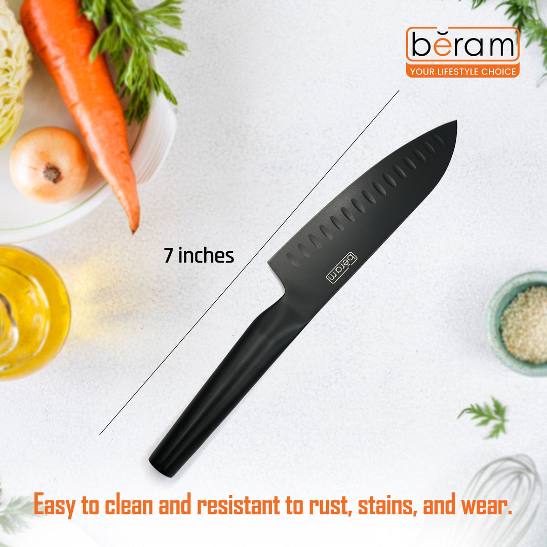 BERAM 7 Inch  Santoku Knife Black Oxide Coated Blade 3CR13 Stainless Steel with SS430 handle Non Stick Scratch Resistant Durable Modern Knife Chopping Slicing Mincing Easy to Clean Cooking Tool