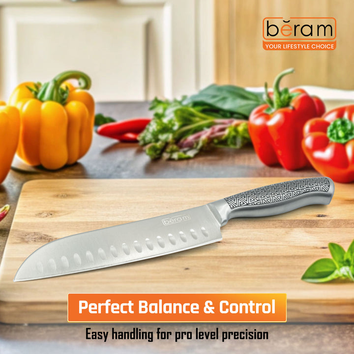 BERAM 7 Inch Proffessional Santoku Knife 3CR13 Stainless Steel Blade Sharp Precision Granton Edge Chopping Slicing Mincing Stylish Modern Durable Kitchen Essential SS Design hollow handle