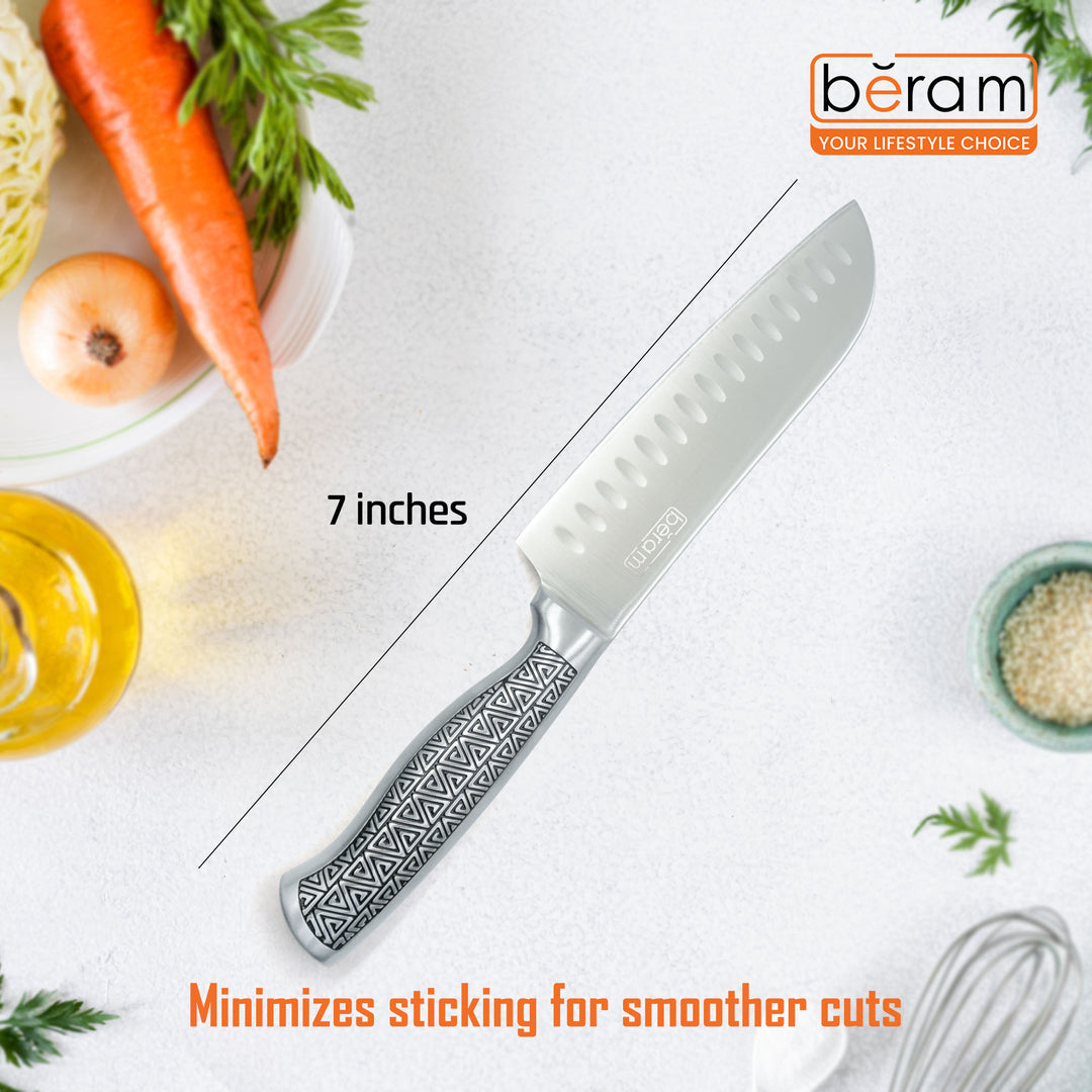BERAM 7 Inch Proffessional Santoku Knife 3CR13 Stainless Steel Blade Sharp Precision Granton Edge Chopping Slicing Mincing Stylish Modern Durable Kitchen Essential SS Design hollow handle