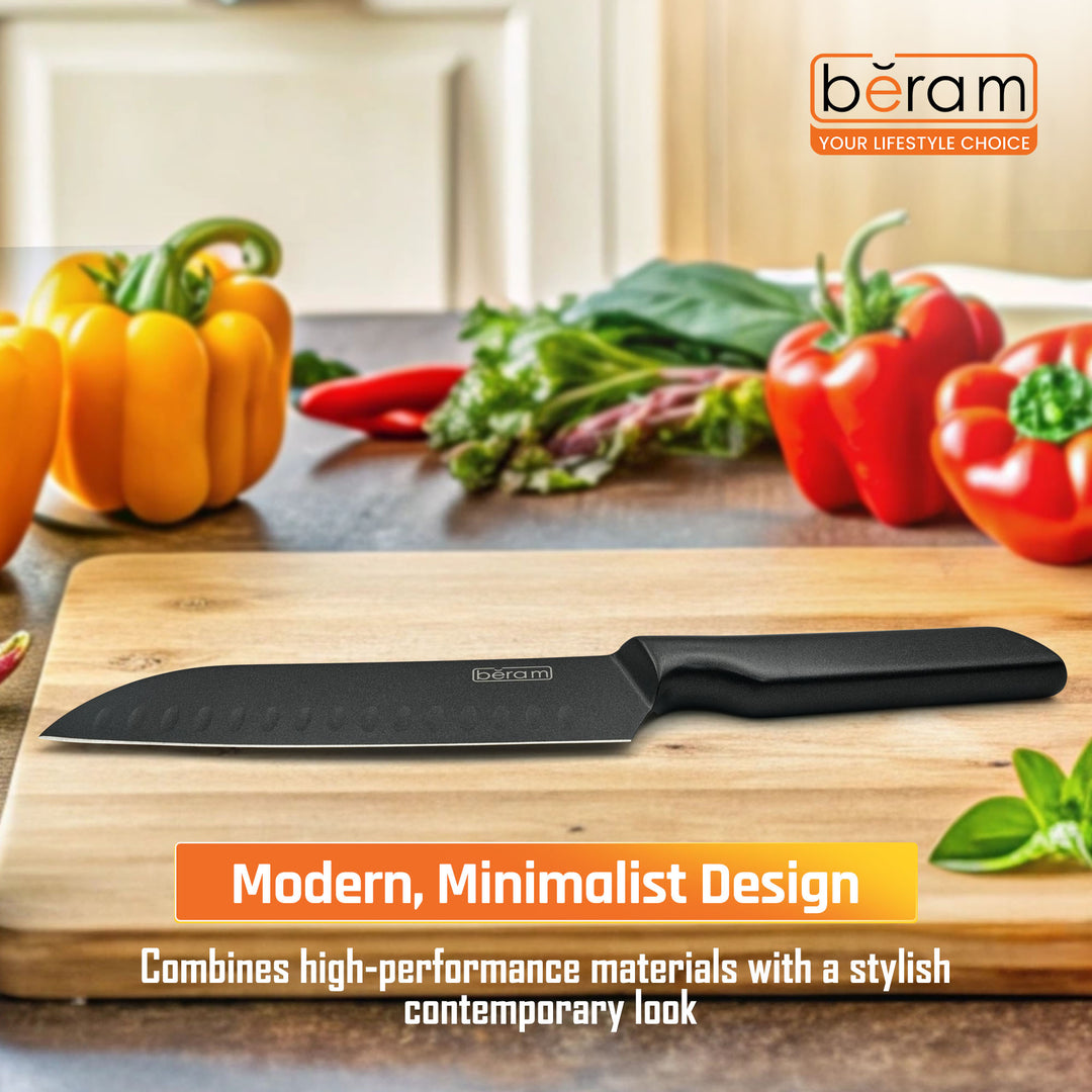 BERAM 7 Inch Santoku Knife, Black Oxide Coated High Carbon Stainless Steel Blade with SS430 Handle, Granton Edge for Smooth Chopping and Slicing, Modern and Durable Kitchen Essential