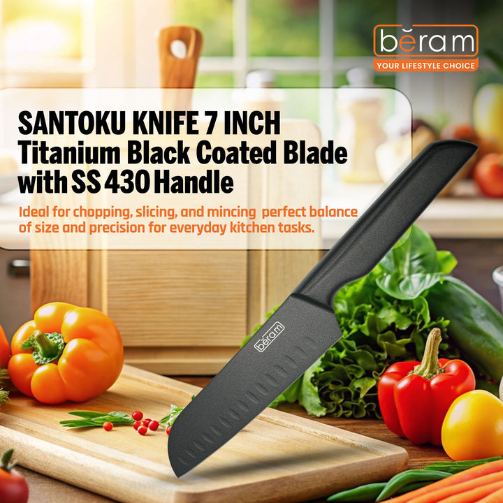 BERAM 7 Inch Santoku Knife, Black Oxide Coated High Carbon Stainless Steel Blade with SS430 Handle, Granton Edge for Smooth Chopping and Slicing, Modern and Durable Kitchen Essential