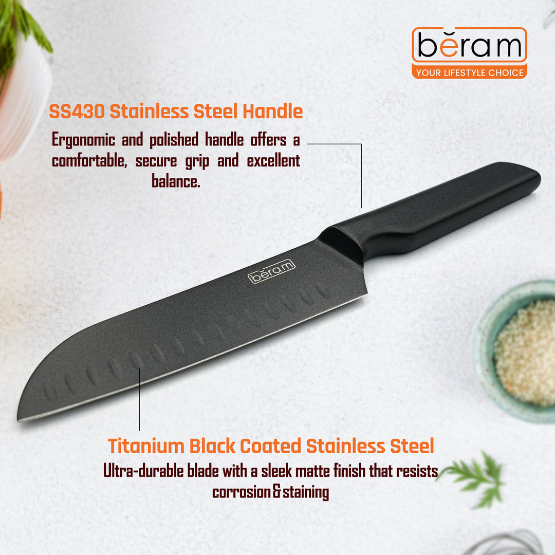 BERAM 7 Inch Santoku Knife, Black Oxide Coated High Carbon Stainless Steel Blade with SS430 Handle, Granton Edge for Smooth Chopping and Slicing, Modern and Durable Kitchen Essential