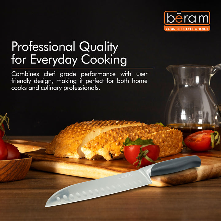 BERAM 8 Inch Santoku Knife SS430&ABS Handle Sharp Ergonomic DurableStainless Steel Blade Granton Edge Lightweight Multipurpose Kitchen Knife for Chopping Dicing Mincing