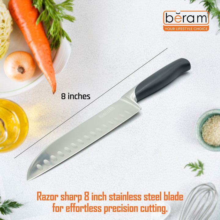 BERAM 8 Inch Santoku Knife SS430&ABS Handle Sharp Ergonomic DurableStainless Steel Blade Granton Edge Lightweight Multipurpose Kitchen Knife for Chopping Dicing Mincing