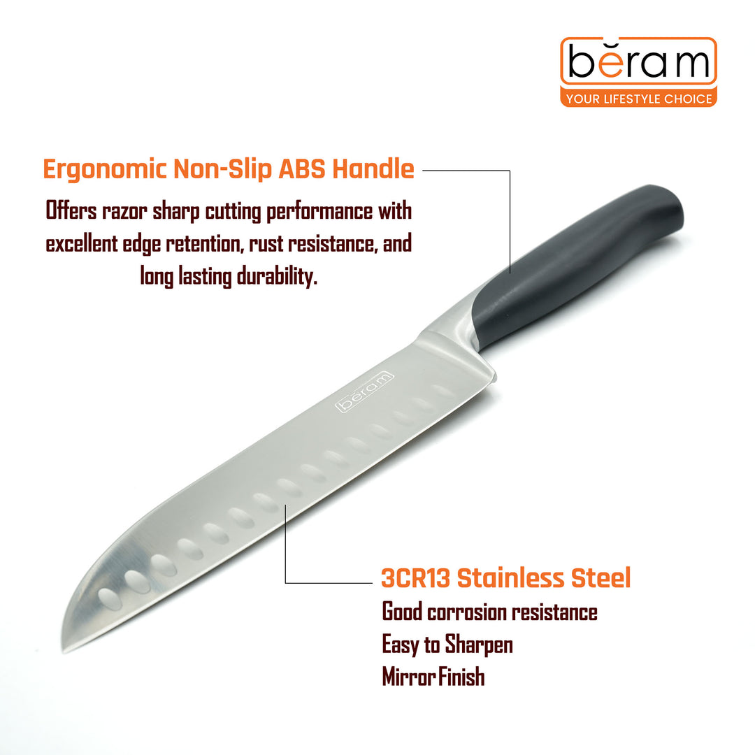 BERAM 8 Inch Santoku Knife SS430&ABS Handle Sharp Ergonomic DurableStainless Steel Blade Granton Edge Lightweight Multipurpose Kitchen Knife for Chopping Dicing Mincing