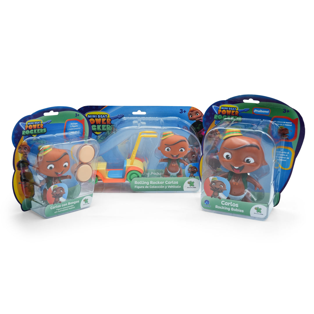 Toy Plus Mini Beat Power Rockers Carlos Super Set – 3-Pack: Carlos con Bongos Figure, Rolling Rocker Carlos Vehicle Playset & Carlos Rocking Babies Sound-Motion Doll – Discovery Kids Official Musical Collector Bundle for Kids Ages 3+