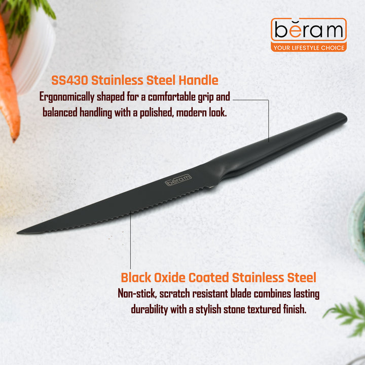 BERAM 4.5 Inch Steak Knife Black Oxide Coated  Serrated 3CR13 Stainless Steel  Blade with SS430 Handle Durable Ergonomic  Non-Stick Scratch-Resistant Knife for Effortless Meat Cutting
