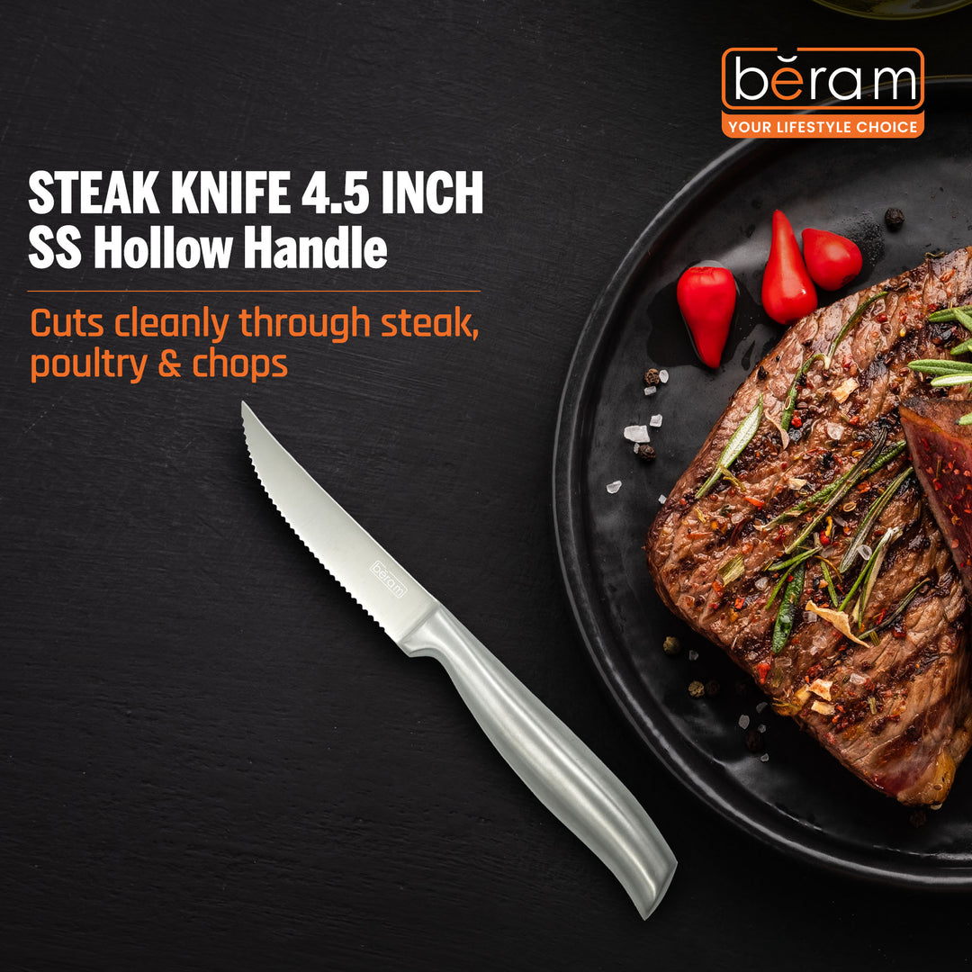 BERAM 4.5 Inch Steak Knife SS Hollow Handle (SS430) Stainless Steel Blade Precision-Cut Edge for Effortless Meat Slicing Ergonomic Durable Table Knife for Steak and Poultry